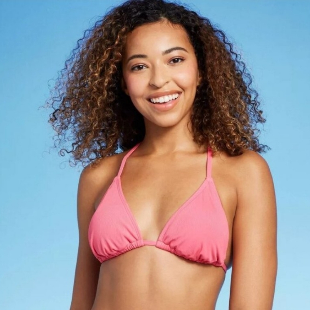 Vibrant Pink- Triangle Bikini Top- Ribbed-Criss Cross Back Ties.